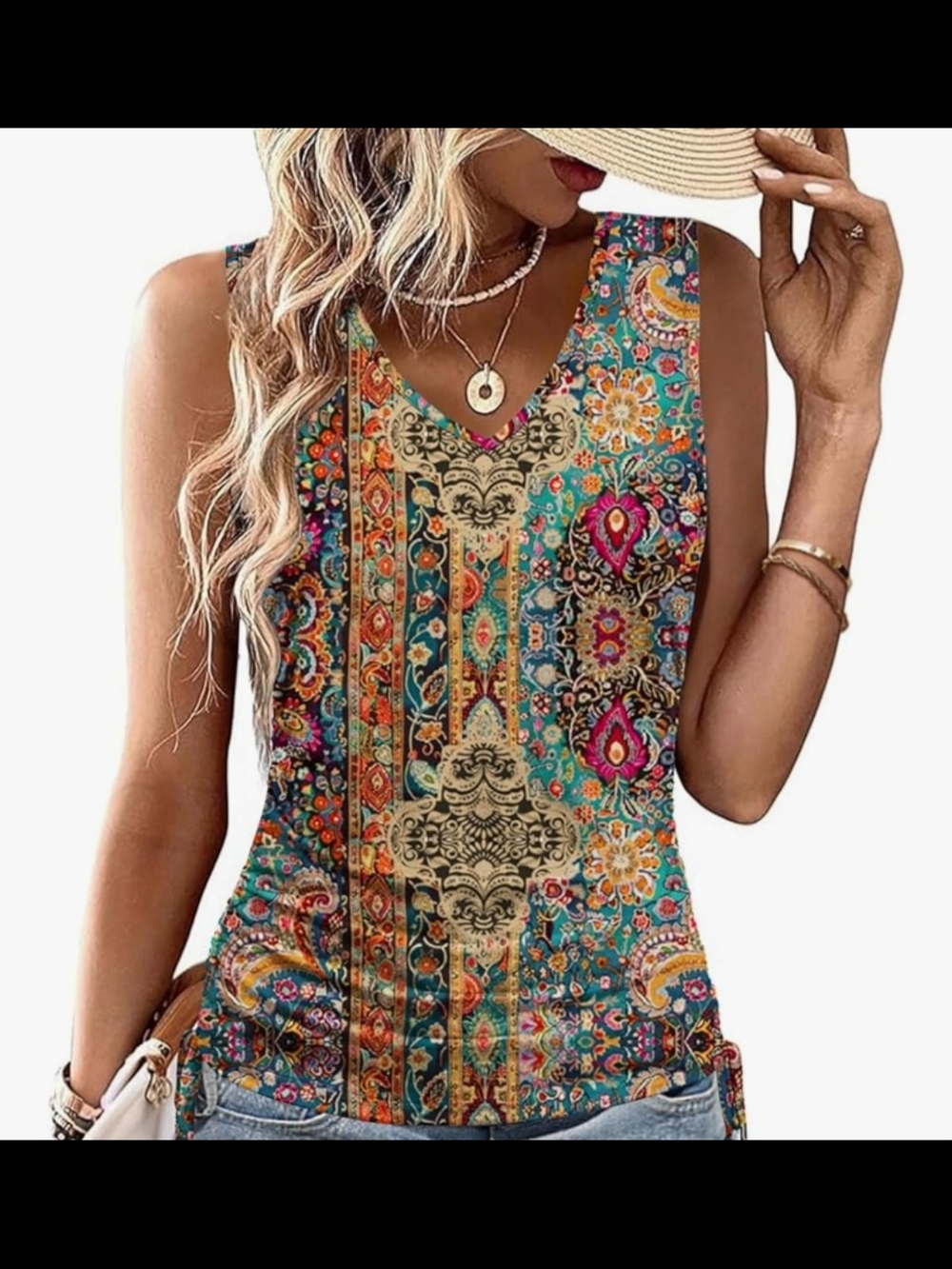Bohemian Floral Print V-Neck Tank Top - Teal Multi